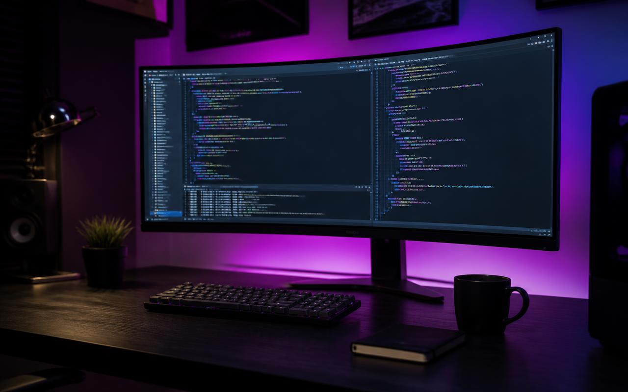 Premium DevWare engineering workspace with curved monitor, mechanical keyboard and purple ambient lighting
