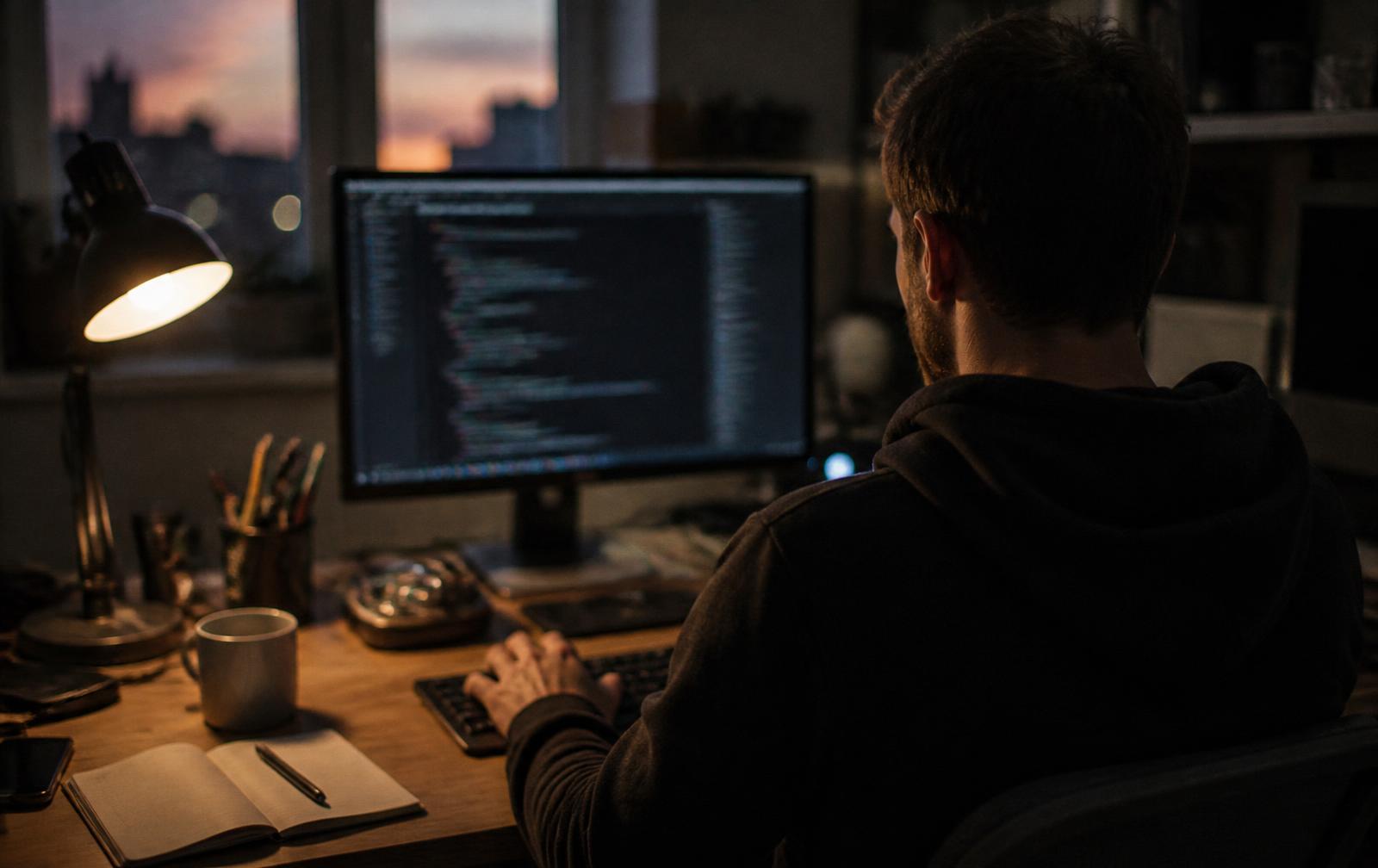 Engineer writing code late in the day at a desk